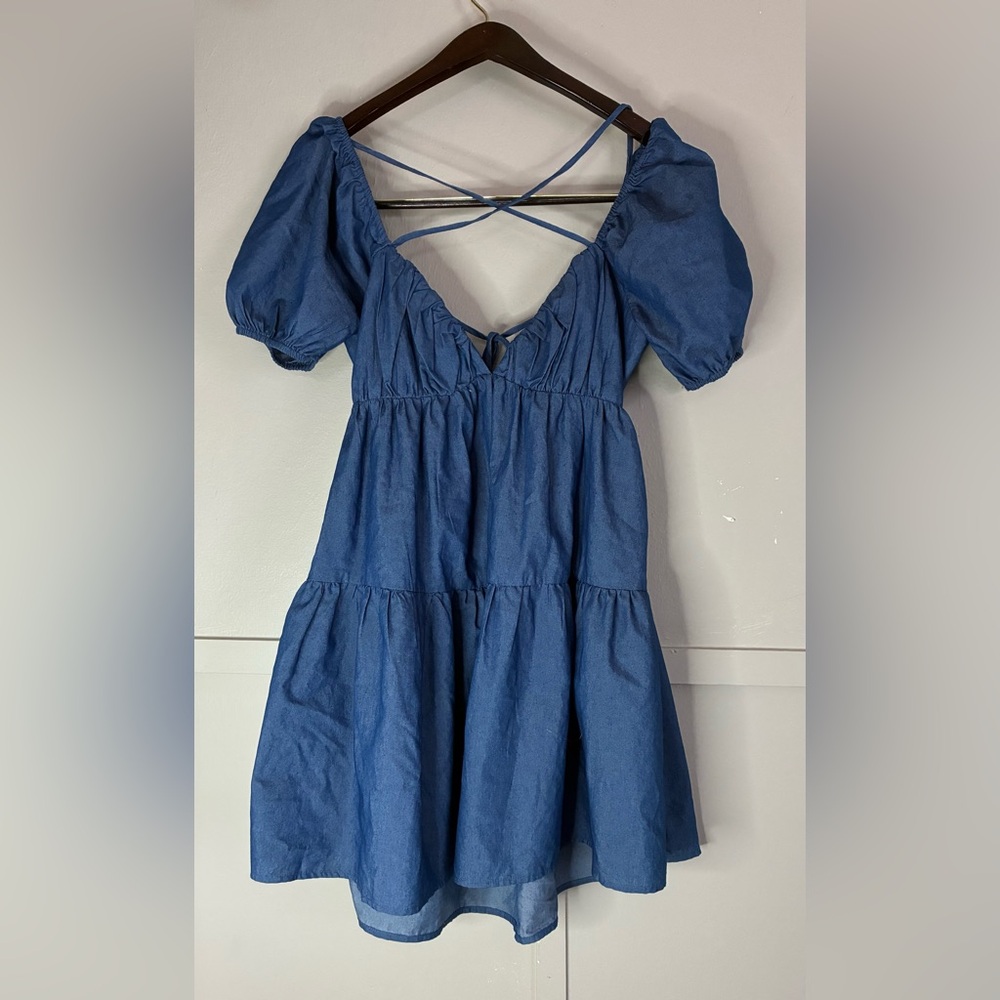 The Adeline bubble sleeve “by the seashore” denim babydoll open back sz s